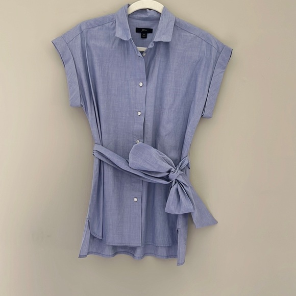 J. Crew Tops - J Crew Cotton Button Front Tie Waist Top Blue XS